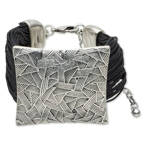 Modern Art Designer Statement Bracelet Antiqued Silver Carved Square on Black - Picture 1 of 1